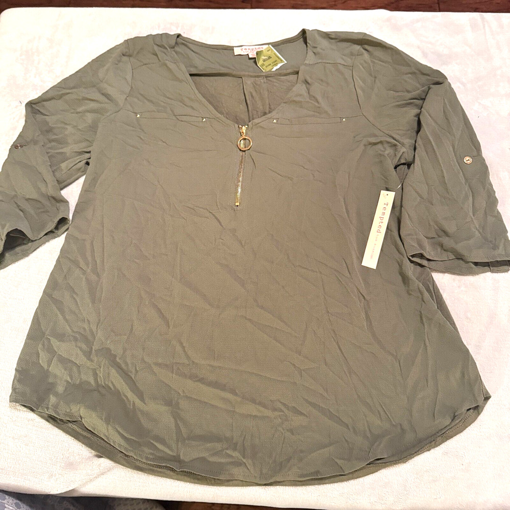 New Tempted Olive Green Blouse Shirt Top zip neck‎ popover Crepe NWT sz XL